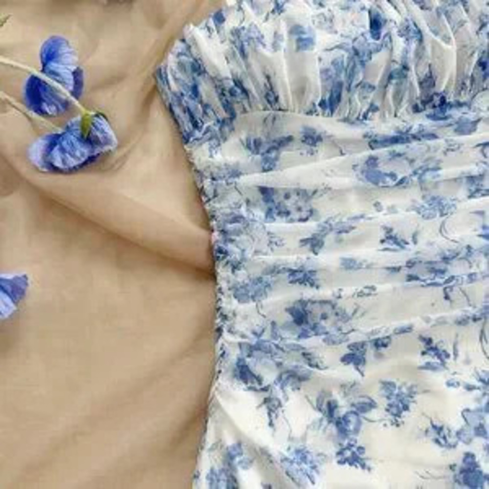 Blue And White Boho Women's Floral Mesh Halterneck Vacation Dress - Picture 4 of 5